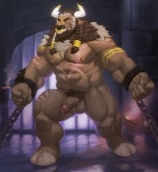 abs absurd_res anthro anthro_only balls beard biceps big_muscles blizzard_entertainment bodily_fluids bovid bovine cattle chained_cuffs clenched_teeth cuff_(restraint) cum cum_drip dripping eye_scar facial_hair facial_piercing facial_scar foreskin front_view genital_fluids genitals hair half-erect hi_res hooves horn male male_only mammal muscular muscular_male nose_piercing nose_ring nude paladin_(wildigu) pecs penis piercing pubes qigiu quads red_eyes restraints retracted_foreskin ring_piercing scar shackles solo standing tauren teeth vein veiny_penis warcraft