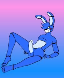 1boy 4_toes animatronic anthro balls blue_hair codex_the_creator digital_drawing_(artwork) digital_media_(artwork) feet five_nights_at_freddy's five_nights_at_freddy's_2 freddy_fazbear's_pizzeria_simulator genitals gradient_background hair hair_over_eye lagomorph leporid looking_at_viewer machine male male_only mammal penis rabbit robot scottgames simple_background skinny_male smile solo solo_focus tail toes toy_bonnie_(fnaf)