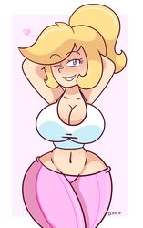 arms_behind_back belly_button big_breasts bimbo blonde_hair blue_eyes breasts cameltoe daisy-pink71 daisy_(daisy-pink71) female female_only heart large_breasts looking_at_viewer smile smiling thick_thighs thin_waist top_heavy wide_hips