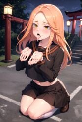 ai_generated begging begging_pose crop_top cum cum_in_mouth cum_on_hands cum_on_tongue kneeling long_hair navel open_mouth orange_hair outdoors school_uniform tokyo_revengers tongue_out yellow_eyes yuzuha_shiba