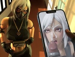 3d blush clothed clothed_female clothing cum cum_on_face cum_on_hair cumshot cumshot_on_face dark-skinned_male dark_skin facial fortnite fully_clothed fully_clothed_female handjob hush_(fortnite) interracial juxtaposition kitway licking_penis looking_at_partner mask masked masked_female open_mouth penis phone phone_screen pov pov_eye_contact pov_male ruined_reputation