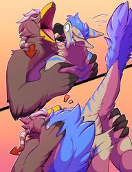 anthro ass avian beak bird dergorb digestion digital_media_(artwork) duo feathered_wings feathers hi_res kona male male/male nude open_mouth oral_vore renvar simple_background smile stripes tongue vore vore_sex wings