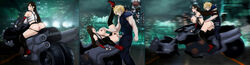 1boy 1girls anus ass blonde_hair blue_eyes blush brown_hair clothed_sex clothing cloud_strife cum cum_in_pussy cum_inside detailed_background female female_pubic_hair final_fantasy final_fantasy_vii final_fantasy_vii_remake highres huge_breasts light-skinned_female light-skinned_male light_skin long_hair lying male motorcycle neeba pale-skinned_female pale-skinned_male pale_skin panties panties_down penetration penis pubic_hair red_eyes riding sequence sex sitting smile square_enix standing tank_top tifa_lockhart vagina vaginal_penetration very_high_resolution wide_image yellow_hair