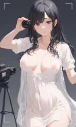 ai_generated black_hair breasts camera female grey_eyes long_hair model original_character pale_skin recording see-through_clothing see-through_dress selfie translucent translucent_clothing transparent_clothing