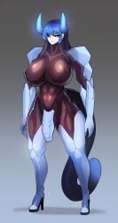 2024 2_horns absurd_res animal_humanoid balls big_breasts black_body black_hair black_sclera blue_body blue_eyes blue_hair blue_horn breasts clothing dragon dragon_humanoid drone featureless_breasts footwear ftg_crossgender fti_crossgender futanari genitals glistening glistening_body gradient_background gynomorph hair hi_res high_heels horn humanoid intersex long_hair looking_at_viewer machine multicolored_body multicolored_hair mythological_creature mythological_scalie mythology omega_processor omega_processor_(artist) penis platinum1945 robot rule_63 scalie second-party_source shoes simple_background solo squel standing tail thick_thighs two_tone_body two_tone_hair