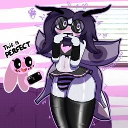 blush buldge embarrassed female femboy glasses insect_humanoid marshmallow_(oxyoxyoxyox) matheous_(maxi) moth oxyoxyoxyox phone striped_panties taking_picture