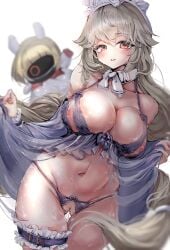 absurdres alexandrina_sebastiane babydoll bow bowtie breasts bridal_garter cowboy_shot drusilla_(zenless_zone_zero) female grey_hair grey_panties highres konokomaramara large_breasts long_hair maid_headdress navel nipple_cutout orange_eyes panties pussy pussy_cutout pussy_juice stomach thick_thighs thighs underwear very_long_hair victoria_housekeeping wet white_background white_bow white_bowtie zenless_zone_zero