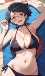 ai_generated beach bikini boruto:_two_blue_vortex looking_at_viewer naruto naruto_(series) red_eyes sarada_uchiha sharingan smile