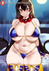 ai_generated brown_eyes brown_hair earrings fate/grand_order fate_(series) jewelry large_ass large_breasts long_hair looking_at_viewer primosan revealing_clothes shiny_skin slightly_chubby standing stockings stomach thick_thighs thighs thighs_together xuangzang_sanzang_(fate)