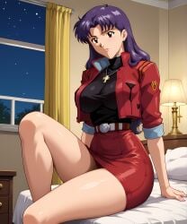 ai_generated bed bedroom bedroom_setting belt belt_buckle big_ass big_breasts big_butt black_shirt brown_eyes clothed clothing cross_necklace curves curvy curvy_female curvy_figure desk female female_focus female_only focus furniture jewelry lamp large_breasts lipstick long_hair long_legs misato_katsuragi necklace neon_genesis_evangelion purple_hair red_jacket red_skirt retair18 sexy_pose short_skirt skirt wide_hips window