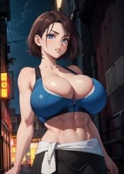 1girls abs ai_generated barely_contained_breasts big_breasts blue_eyes brown_hair bursting_breasts capcom cleavage clothes_around_waist female female_only huge_breasts human jill_valentine large_breasts looking_at_viewer midriff parted_lips pencil_skirt raised_eyebrows resident_evil resident_evil_3 resident_evil_3_remake short_hair skindentation solo solo_female sports_bra sportswear stable_diffusion standing tampopo toned toned_female