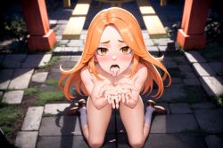 ai_generated begging begging_pose cum cum_in_mouth cum_on_hands cum_on_tongue exhibitionism kneeling long_hair navel nude nude_female open_mouth orange_hair outdoors tokyo_revengers tongue_out yellow_eyes yuzuha_shiba