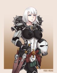 1girls adepta_sororitas artist_request female female_only grenade imperium_of_man power_armor short_hair sister_of_battle solo solo_female sword tagme_(artist) warhammer_(franchise) warhammer_40k white_hair