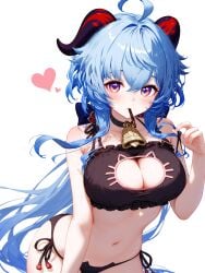 absurd_res ahoge ai_generated bangs bare_shoulders bell black_bra black_panties blue_hair blush bra breasts cat_cutout cat_lingerie choker cleavage cleavage_cutout clothing_cutout female food frilled_bra frills ganyu_(genshin_impact) genshin_impact heart horns large_breasts long_hair looking_at_viewer meme_attire ministro mouth_hold navel neck_bell panties pocky pocky_day purple_eyes side-tie_panties simple_background solo stomach underwear underwear_only white_background