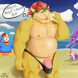 1:1 absurd_res alien anthro areola avian balls barely_contained beach beak belly biceps big_penis bird blush bowser claws clothed clothing cloud dragon embarrassed english_text front_view genitals group hair hat headgear headwear hi_res horn humanoid_genitalia humanoid_penis king_dedede kirby_(series) koopa male male_only mario_(series) metroid musclegut muscular muscular_male navel nintendo nipples nude partially_clothed pecs penguin penis qwertythewolf red_eyes red_hair reptile ridley sand scalie sea seaside sharp_claws sharp_teeth skimpy snow_cone standing swimwear teeth text thong underwear video_games water yellow_body