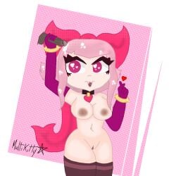 1girls brawl_stars dark_penis female female_only full_body melodie_(brawl_stars) multikitty naked necklace nipples pink_hair purple_gloves pussy_piercing red_eyes socks