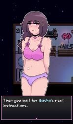 1girls bedroom blush brown_hair bulge_in_panties choker dialogue_box emma_(welcome_to_heaven) femsub heart imminent_sex indoors light-skinned_female lingerie panty_bulge pink_bra pink_eyes pink_hair pink_highlights pixel_art pixelated purple_panties romantic submissive_female trans_woman_(lore) two_tone_hair welcome_to_heaven