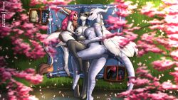 basket bedding big_breasts black_eyes blanket blue_hair breast_grab breasts brown_body brown_fur cherry_blossom collar container dra'essa draako dragon female female/female feretta flower fur genitals grey_body grey_skin hair hand_on_breast hi_res larger_female meeka_rose mis'alia mythological_creature mythological_scalie mythology nyo_la_nixan_(character) petals picnic_basket picnic_blanket pink_eyes pink_hair plant prunus_(flower) pussy scalie sex_toy silver_dragon silver_skin size_difference small_breasts smaller_female white_body white_fur white_hair white_skin yellow_eyes