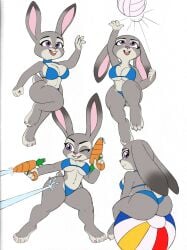 1girls beach_ball bikini bunny_ears bunny_girl busty cleavage curvy dat_ass disney grey_fur judy_hopps multiple_poses omegasunburst purple_eyes swimsuit thick_thighs volleyball watergun zootopia