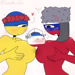 1boy 2girls big_breasts countryhumans countryhumans_girl crimea_(countryhumans) flower naked red_body russia_(countryhumans) statehumans ukraine_(countryhumans) ushanka xx.canada.xx yellow_body