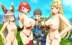 3girls 3girls1boy angry big_breasts blonde_hair blush breast_envy breast_size_difference breasts core_crystal earrings envy erect_nipples female grabbing_breasts harem hi_res htr18 huge_breasts legwear looking_at_breasts lustful_gaze multiple_girls mythra mythra_(xenoblade) navel nia nia_(xenoblade) nipples pyra pyra_(xenoblade) red_hair rex_(xenoblade) smile uncensored underwear voluptuous xenoblade_(series) xenoblade_chronicles_2