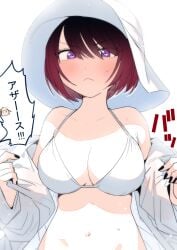 bare_belly bare_shoulders belly_button big_breasts bikini black_nails blush breasts caph_(the_duke_of_death_and_his_black_maid) cleavage closed_mouth collarbone hat inoue_koharu jacket nail_polish open_clothes open_jacket purple_eyes red_hair shinigami_bocchan_to_kuro_maid short_hair sweat sweaty_body upper_body white_bikini white_hat