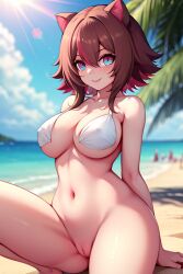 1girls ai_generated animal_ears beach big_breasts blue_eyes breasts brown_hair day kemonomimi latam_virtual_youtuber looking_at_viewer multicolored_hair nipples nipples_visible_through_clothing no_panties partially_clothed pixel_ai pussy raccoon_ears rakkun red_hair short_hair solo_female tagme thighs virtual_youtuber vtuber