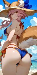 1girl ai_generated animal_ears animal_tail ass_focus beach bikini breasts fate/grand_order fate_(series) female female_focus female_only hat hi_res human large_breasts looking_at_viewer looking_back pink_hair smile smiling tagme tamamo_no_mae_(fate) tamamo_no_mae_(swimsuit_lancer) thighs