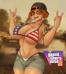 1girls american_flag_bikini backwards_baseball_cap bikini_bottom bikini_top brown-tinted_eyewear cosplay earrings escriba female female_only grand_theft_auto_vi large_breasts looking_at_viewer mud_girl_(gta_vi) nami nami_(one_piece) nami_(one_piece)_(cosplay) naughty_face necklace one_piece orange_hair post-timeskip rock rockstar_games short_shorts shorts shoulder_tattoo sunglasses tattoo third-party_edit tinted_eyewear tongue_out unzipped