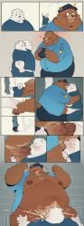 2025 absurd_res anthro balls bear belly big_belly black_nose blush bodily_fluids bottomwear brown_body brown_fur clothed clothing comic duo erection fur genital_fluids genitals heart_symbol hi_res kemono male male/male mammal moobs nipples open_clothing open_shirt open_topwear oral outside overweight overweight_male pants penis polar_bear police police_hat police_uniform precum quanjiang shirt topwear uniform ursine white_body white_fur