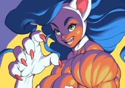 blue_hair breasts cat_ears catgirl cleavage darkstalkers felicia_(darkstalkers) female green_eyes large_breasts looking_at_viewer muscular muscular_female pokkuti