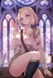 1girls asa_(asakisafe1) bare_thighs belt black_panties blonde_hair boobs breasts brown_hair cup feathers female female_only fire_emblem fire_emblem:_three_houses garreg_mach_monastery_uniform hair_over_shoulder indoors long_hair long_sleeves looking_at_viewer medium_breasts mercedes_von_martritz nintendo on_table panties pantyshot pantyshot_(sitting) shirt skirt smile solo table thighs underwear upskirt