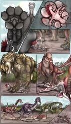 2022 absurd_res ahastar ambiguous_gender comic deinonychus digital_media_(artwork) dinosaur diplodocid diplodocus dromaeosaurid extreme_size_difference feet feral foot_focus gallimimus group hi_res iguanodon iguanodontid larger_feral low-angle_view ornithischian ornithomimid pachycephalosaurid pachycephalosaurus prehistoric_species red_feather_hair reptile sauropod sauropodomorph scalie sioninel size_difference solo_focus stampede stomping theropod trampling white_body worm's-eye_view