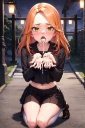 ai_generated begging begging_pose crop_top cum cum_in_mouth cum_on_hands cum_on_tongue kneeling long_hair navel open_mouth orange_hair outdoors school_uniform tokyo_revengers tongue_out yellow_eyes yuzuha_shiba