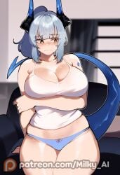 1girls ai_generated arknights big_breasts blue blue_panties camisole demon_girl demon_horns demon_tail embarrassed hair hi_res holding_own_arm horns liskarm_(arknights) milky_ai orange_eyes panties ponytail portrait standing tail thick_thighs underwear wet white_camisole