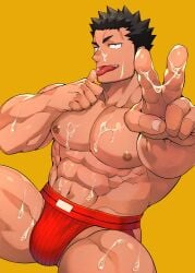 1boy abs bara black_hair bulge cum cum_on_body facial highres inuzuka_(noisy_dog) jockstrap large_pectorals licking licking_cum looking_at_viewer male_focus male_underwear manly mature_male muscular muscular_male naop naop_(anything) nipples noisy_dog pectorals short_hair simple_background solo spiked_hair spread_legs teeth thick_arms thick_eyebrows thick_thighs thighs tongue tongue_out underwear yellow_background