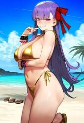 1-a_dot 1girls ai_generated arms ass ass_cheeks asshole_behind_thong back back_muscles bb_(fate) beach big_ass big_breasts big_breasts big_butt bikini bikini_bottom bikini_top blush blush blushing_at_viewer breasts breasts breasts butt_cheeks coulds ear fate/grand_order fate_(series) feet female female female_focus female_only footwear golden_bikini grin hi_res high_res high_resolution highres huge_ass huge_breasts huge_butt large_ass large_boobs large_breasts large_butt large_thighs long_hair looking_at_another massive_ass massive_butt purple_eyes purple_hair pussy sand sandals sea seaside shoulders sideboob sky smile sunny teeth thick_thighs thighs tropical type-moon vagina water