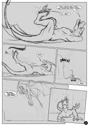 2013 ahastar ahastar_(artist) anthro bolt_(diablo_the_rex) collaboration comic deinonychus diablo_the_rex dinosaur dragon dromaeosaurid duo english_text erection european_mythology extreme_size_difference feral genitals greyscale hi_res imminent_crush imminent_stomp jumping larger_feral male male/male monochrome mythological_creature mythological_scalie mythology penis prehistoric_species reptile scalie size_difference smaller_anthro speech_bubble text theropod western_dragon