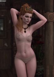 3d anna_henrietta armpits blonde_hair bra breasts crown earrings female light-skinned_female lingerie looking_at_viewer missally navel nipples_visible_through_clothing panties solo the_witcher_(series) the_witcher_3:_wild_hunt underwear