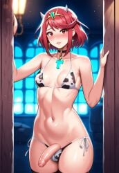 1boy 1futa ai_generated bikini chest_jewel core_crystal_(xenoblade) cow_print cow_print_bikini femboy futanari girly gynomorph indoors lips nsfw otoko_no_ko penis pyra pyra_(xenoblade) red_eyes robofun rule_63 sissy small_breasts solo thick_lips trap xenoblade_chronicles_2