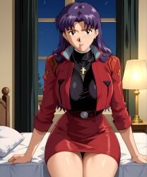 ai_generated bed bedroom bedroom_setting belt belt_buckle big_ass big_breasts big_butt black_shirt brown_eyes clothed clothing cross_necklace curves curvy curvy_female curvy_figure desk female female_focus female_only focus furniture jewelry lamp large_breasts lipstick long_hair long_legs misato_katsuragi necklace neon_genesis_evangelion purple_hair red_jacket red_skirt retair18 sexy_pose short_skirt skirt wide_hips window