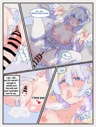 1boy 1girls 4koma areolae bar_censor big_breasts blue_eyes blush breasts censored comic cum cum_between_breasts cum_in_pussy cum_inside cum_leaking cum_on_face dialogue elia_stellaria english_text erect_penis erection funny heart humor light-skinned_female light-skinned_male light_blue_hair light_skin nipples nose_blush outdoors penetration penis sex sksk_sou speech_bubble text v-dere vaginal_penetration virtual_youtuber wings