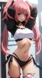 ahoge ai_generated armpits arms_behind_head arms_up asymmetrical_legwear bangs bikini black_panties blue_eyes blush breasts closed_mouth clothing crop_top female female groin jewelry legwear long_hair long_sleeves looking_at_viewer medium_breasts midriff milim_nava navel necklace pantsu pink_hair shrug_(clothing) side-tie_bikini_bottom solo standing stomach swimsuit tensei_shitara_slime_datta_ken thighhighs thighs tied_hair twintails underwear very_long_hair