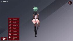 3d action_taimanin arm_behind_head bare_shoulders bodysuit breasts choker demon_girl dress female fishnets garter_straps green_hair leg_tattoo looking_at_viewer noah_brown pointy_ears red_eyes screencap short_hair simple_background single_horn small_breasts solo stockings tagme taimanin_(series) tattoo teeth video video_game