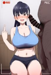 1boy 1girl ai_generated boku_no_kokoro_no_yabai_yatsu cheating cheating_girlfriend dark-skinned_male fat_man female interracial large_penis middle_finger navel netorare ponytail recording shorts sports_bra straight testicles waroffree yamada_anna