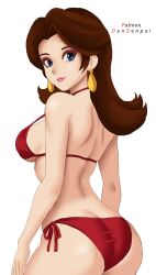 1girls artist_name back_to_viewer big_breasts bikini blue_eyes brown_hair busty dat_ass earrings eyeshadow light-skinned_female light_skin looking_over_shoulder mario_(series) nidavellirstudios nintendo pauline red_bikini sideboob swimsuit