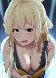 1girls black_eyes blonde_hair bodysuit breast_focus breast_squeeze breasts breasts_squeezed_together female_focus go!_go!_loser_ranger! long_hair nipples ranger_reject risky1249 sentai_daishikkaku slight_blush suzukiri_yumeko undressing unzipped_bodysuit unzipping yellow_hair