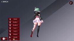 3d action_taimanin arm_behind_head bare_shoulders breasts choker demon_girl dress female garter_straps green_hair hood hoodie horns leg_tattoo looking_at_viewer noah_brown panties pointy_ears red_eyes screencap short_hair short_skirt simple_background single_horn small_breasts solo stockings striped_panties tagme taimanin_(series) tattoo teeth video video_game