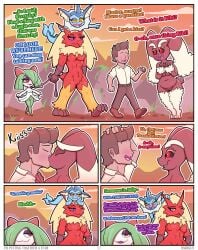 2024 absurd_res anthro anthrofied apricot_(bnbigus) bibi_(bnbigus) blaziken blush bnbigus bodily_fluids border breasts comic dialogue digital_media_(artwork) eeveelution english_text eyebrows eyelashes featureless_breasts feet female feral generation_1_pokemon generation_3_pokemon genital_fluids genitals group hair hi_res hot_stuff_(bnbigus) human im_putting_together_a_team jealous kirlia kissing male male_human mammal nintendo nude open_:3 open_mouth outline pokemon pokemon_(species) pokemorph red_eyes signature size_difference small_breasts smaller_female standing teeth text the_freak_(bnbigus) toes tongue vaporeon white_border white_outline