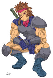 anthro armor bulge canid canine crouching looking_at_viewer male male_only mammal melee_weapon muscular solo sword weapon xkoshiji